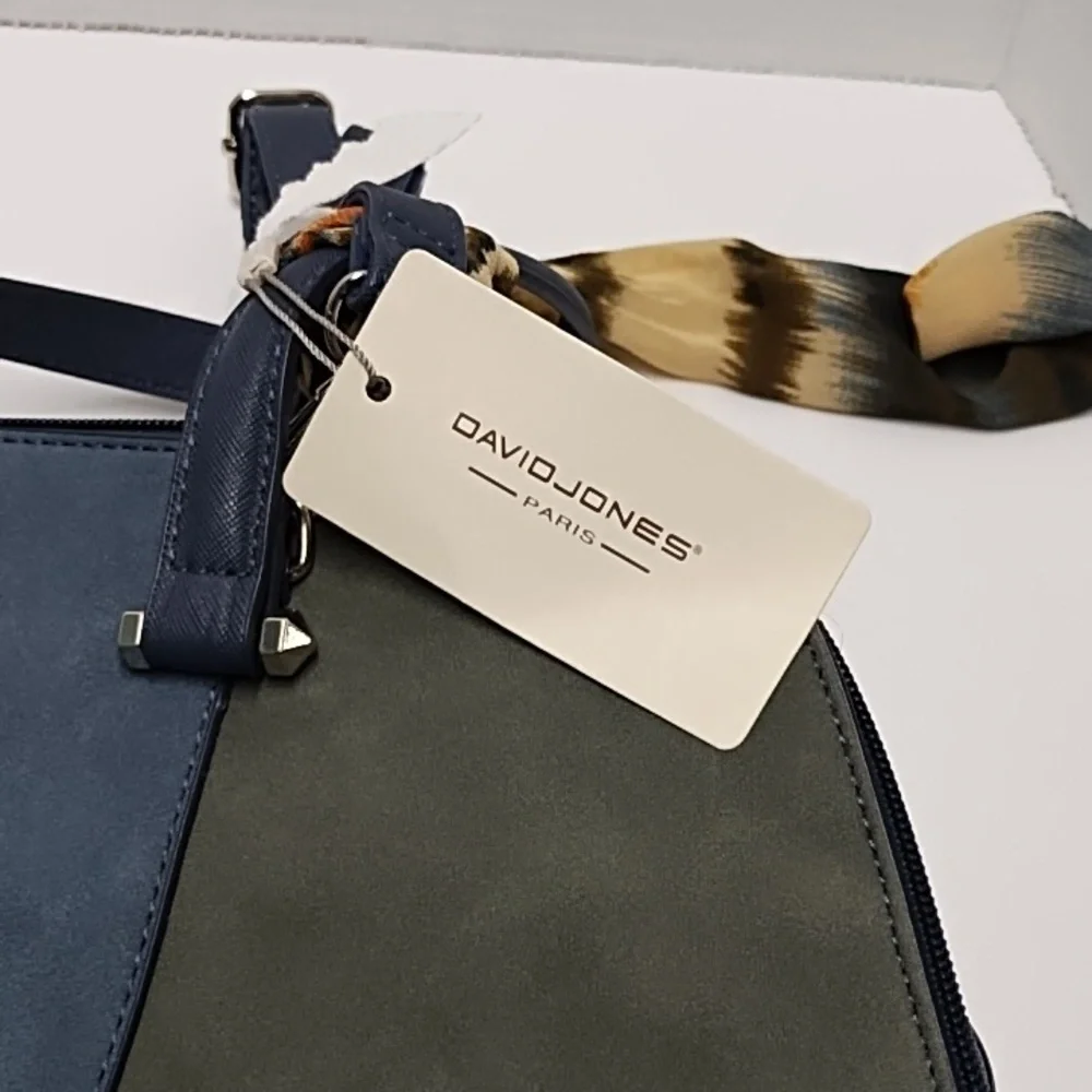 Colorblock Suede & Faux Leather Tote Bag with Scarf Accent – Navy & Gray - Picture 7 of 8
